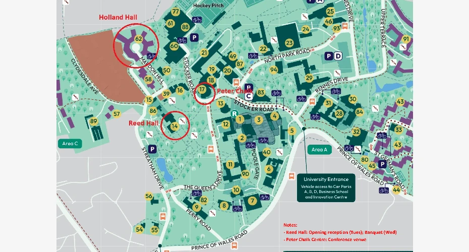 Campus map highlighting event locations at Holland Hall, Peter Chalk Centre, and Reed Hall